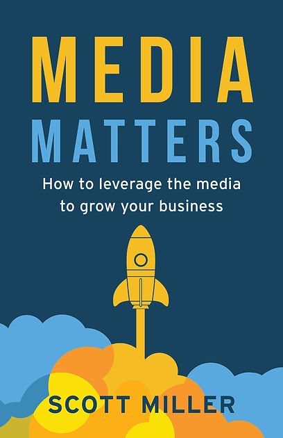 Front cover of Media Matters by Scott Miller: gold and blue capitals above an illustrated rocket launching from clouds.